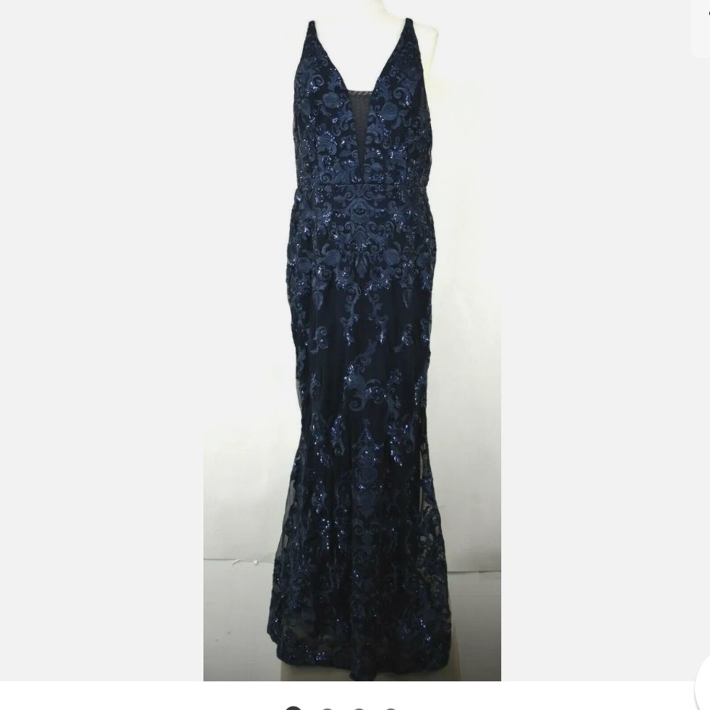 Marina Womens Navy Embroidered Embellished Gown Spaghetti Straps Back Zip 14